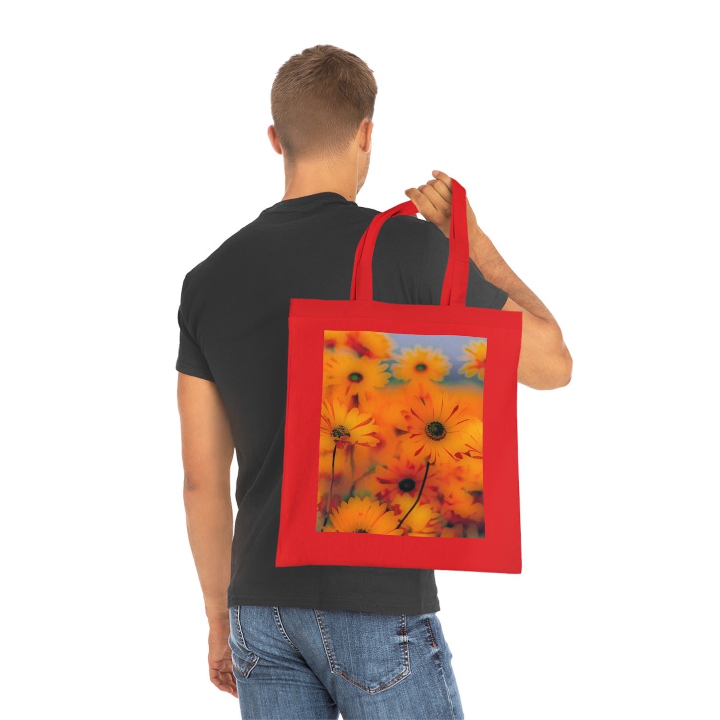 Floral Sunburst Cotton Tote — Bright Orange Daisy Print