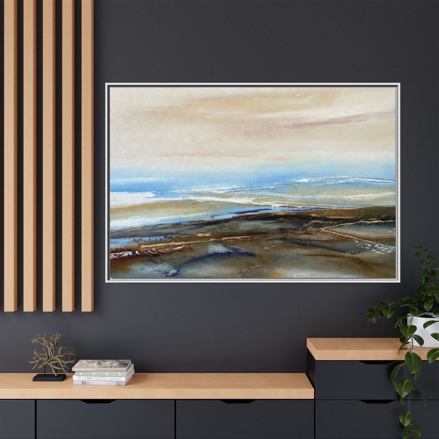 Framed Abstract Seascape Matte Canvas — Coastal Blue & Earth Tone Wall Art
