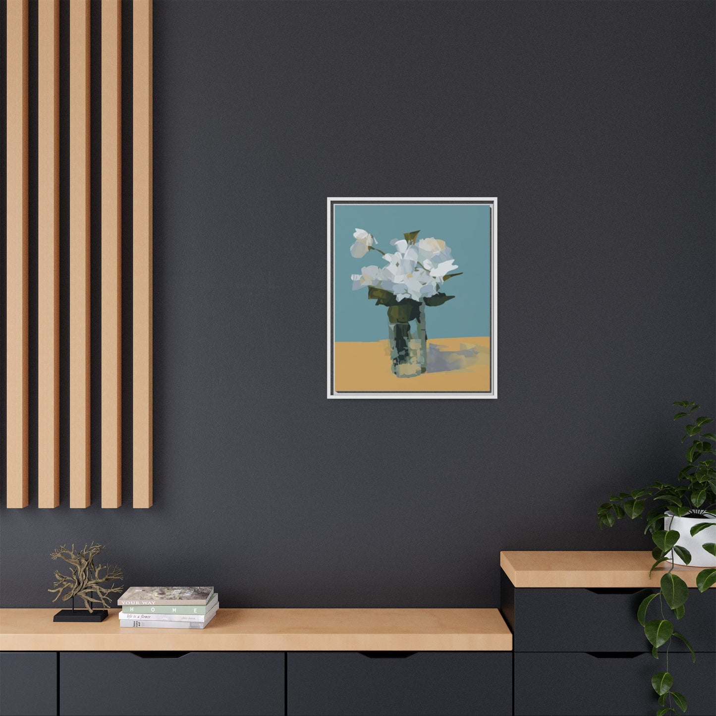 Framed Floral Still Life Canvas Art — Modern White Bouquet Wall Art