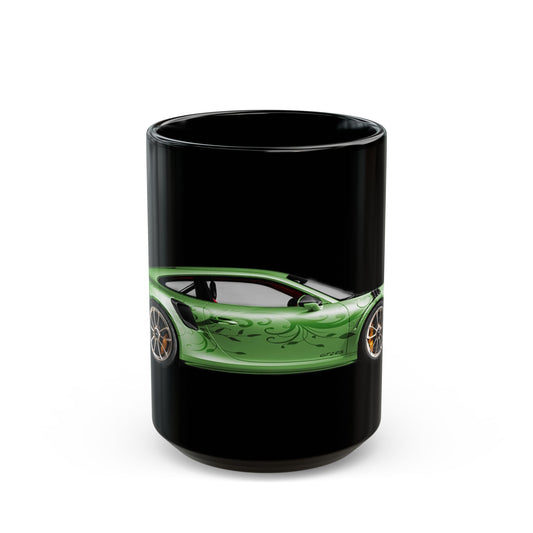Green Sports Car Mug — Black Ceramic Coffee Cup for Car Enthusiasts (11oz/15oz)