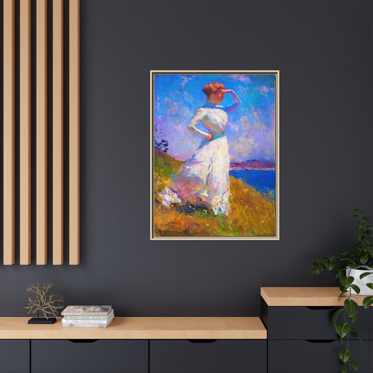 Framed Matte Canvas Art - Woman in White Seaside Impressionist Print