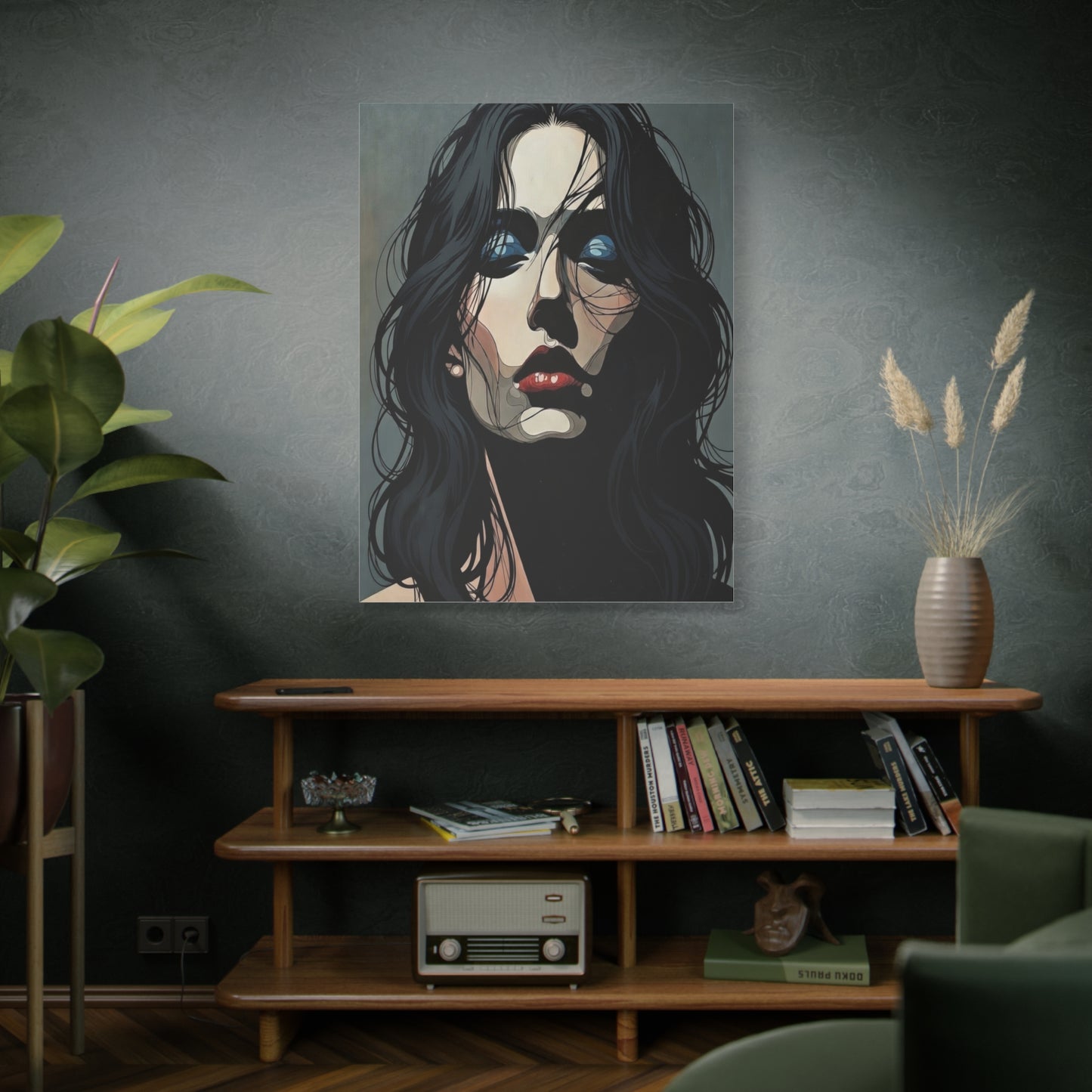 Dark Glam Portrait Canvas Art — Moody Woman Face Matte Stretched Wall Decor