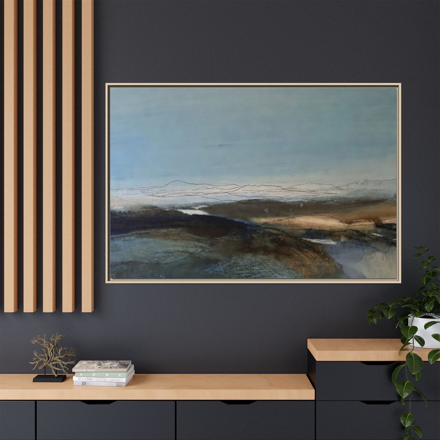 Framed Matte Canvas Wall Art — Serene Abstract Blue Landscape