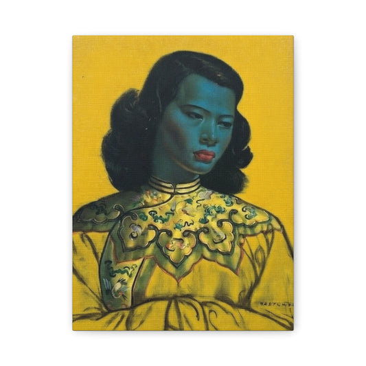 Vintage Portrait Canvas Print — Mid-Century Asian Woman Art on Yellow Background