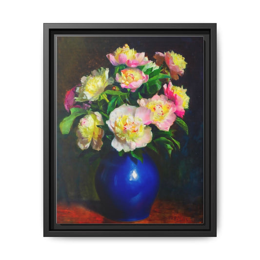 Framed Matte Canvas Wall Art — Vintage Floral Bouquet in Blue Vase