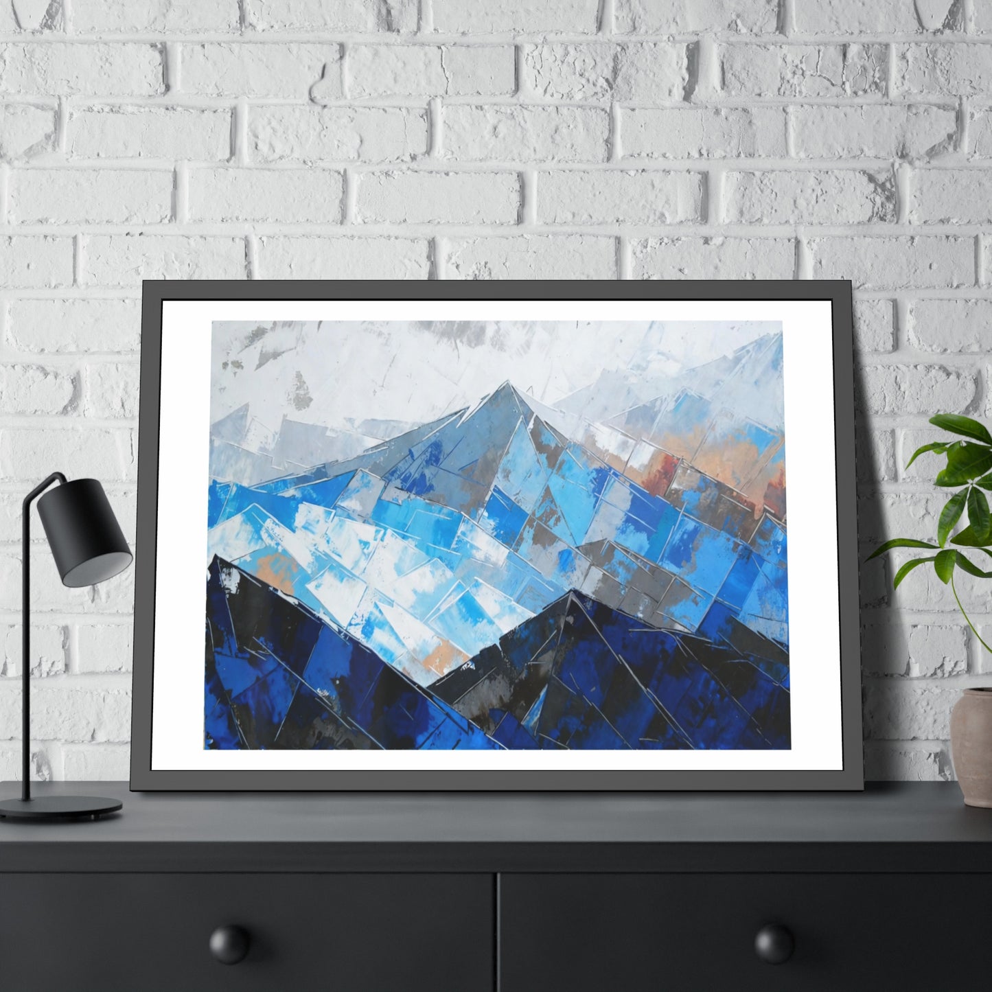 Framed Mountain Art Print — Blue Abstract Landscape Poster