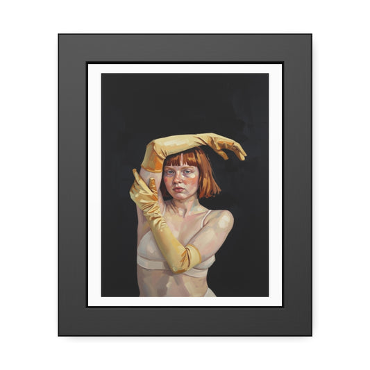 Framed Art Poster — Portrait of Redhead Woman in Yellow Gloves (Gallery Wall Print)