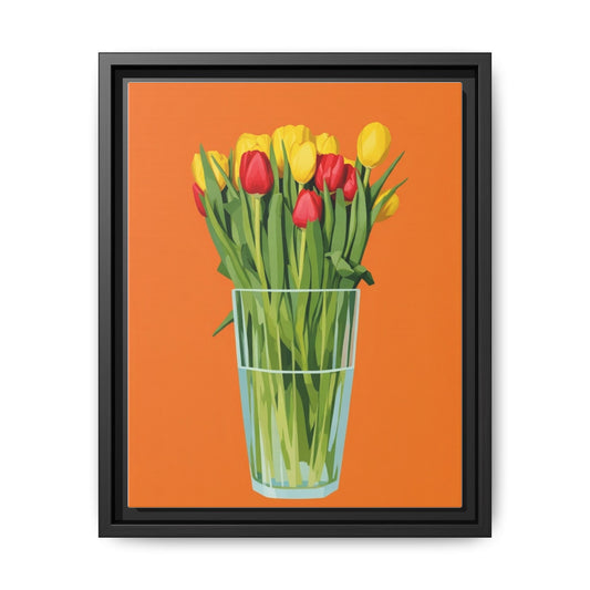 Framed Tulip Canvas Print — Colorful Tulips in Glass Vase