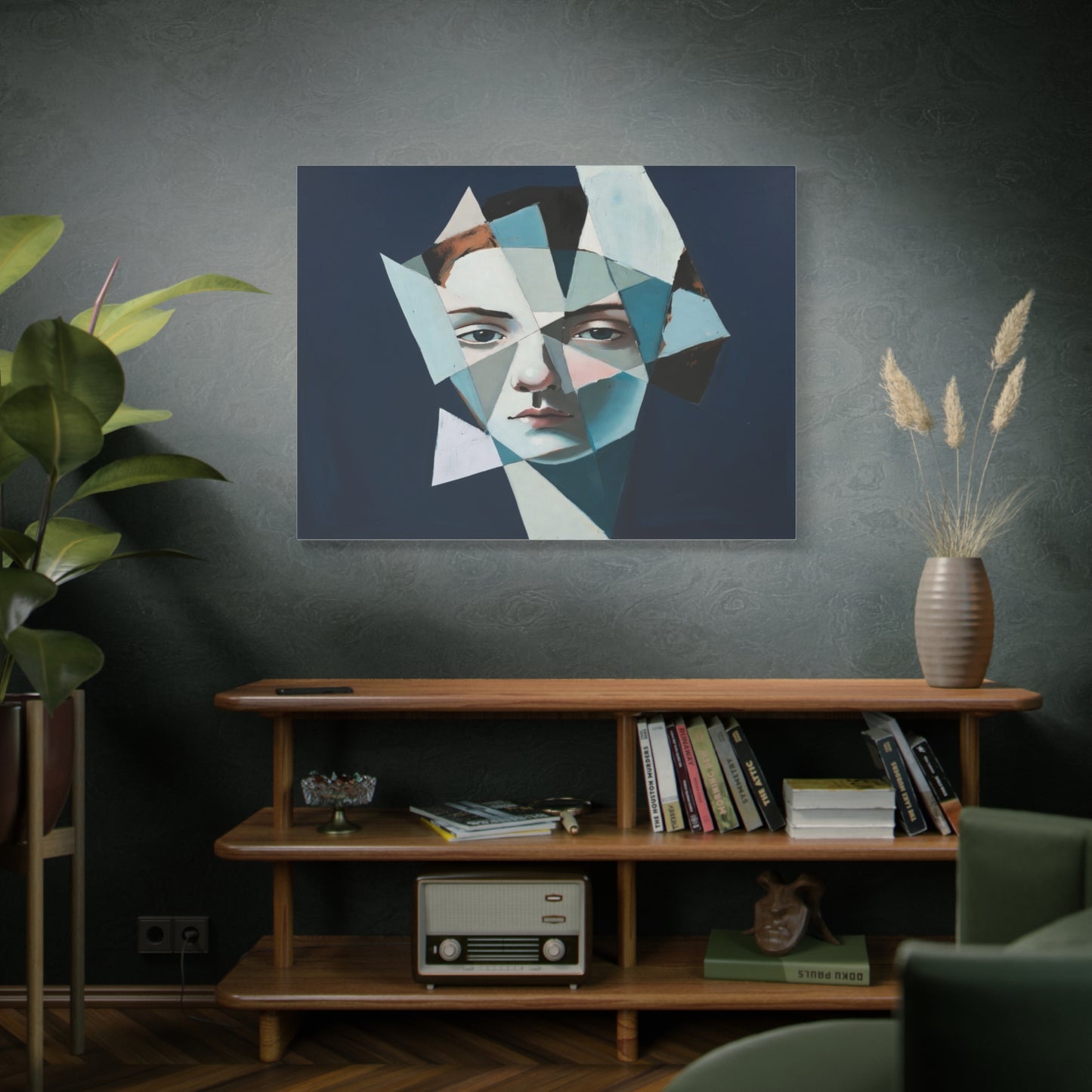 Fragmented Portrait Matte Canvas Art – Blue Abstract Face Wall Decor