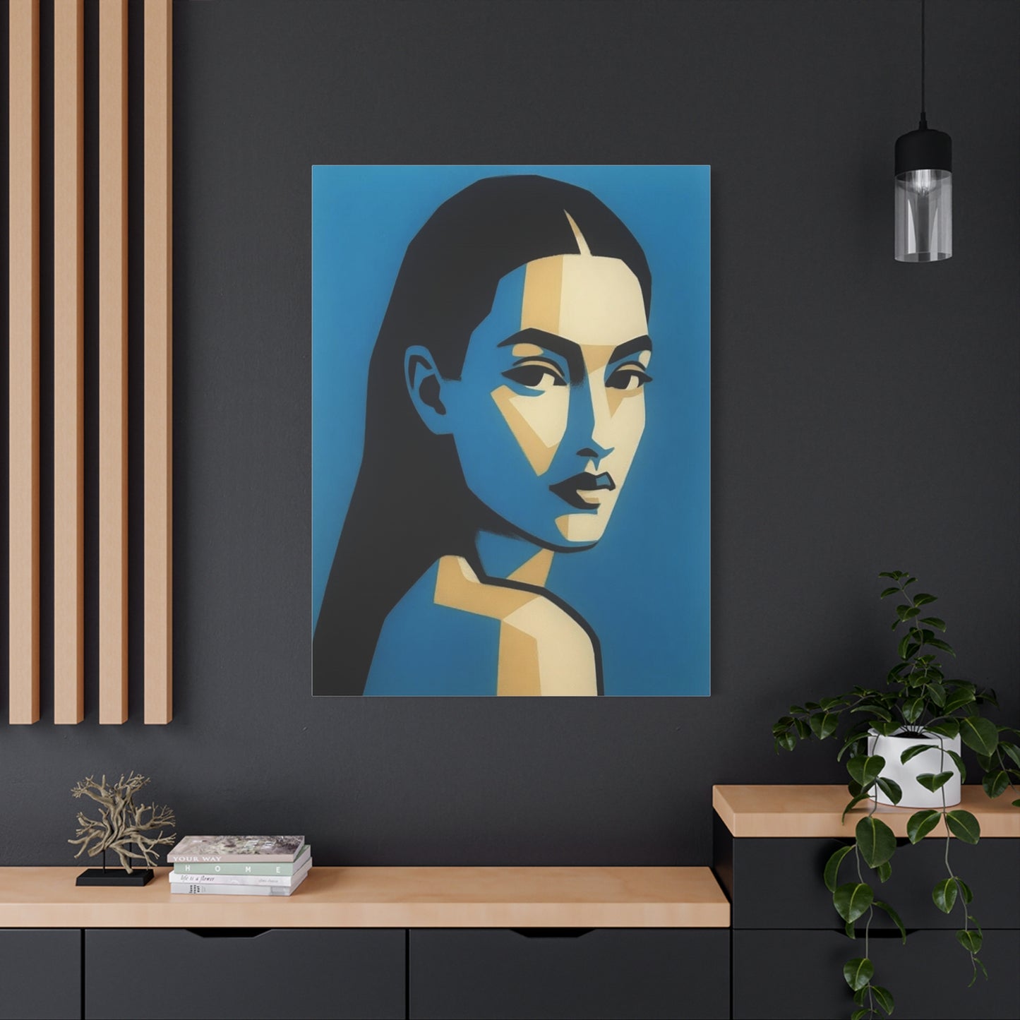 Blue Geometric Portrait Canvas - Modern Stretched Wall Art