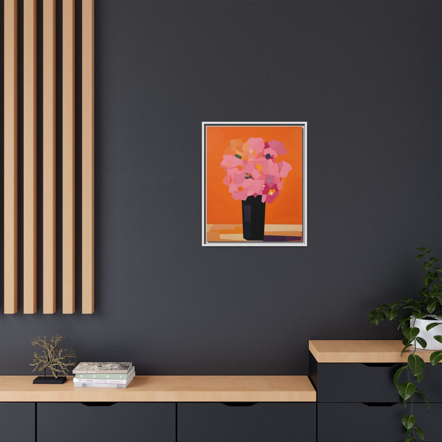 Framed Floral Canvas Art — Pink Bouquet on Orange Background