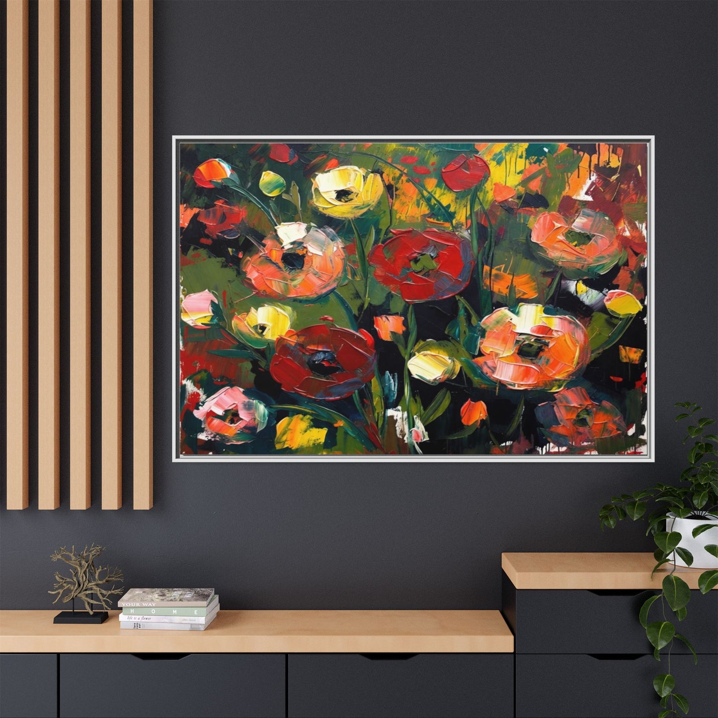 Framed Floral Canvas Print — Vibrant Abstract Poppies Wall Art