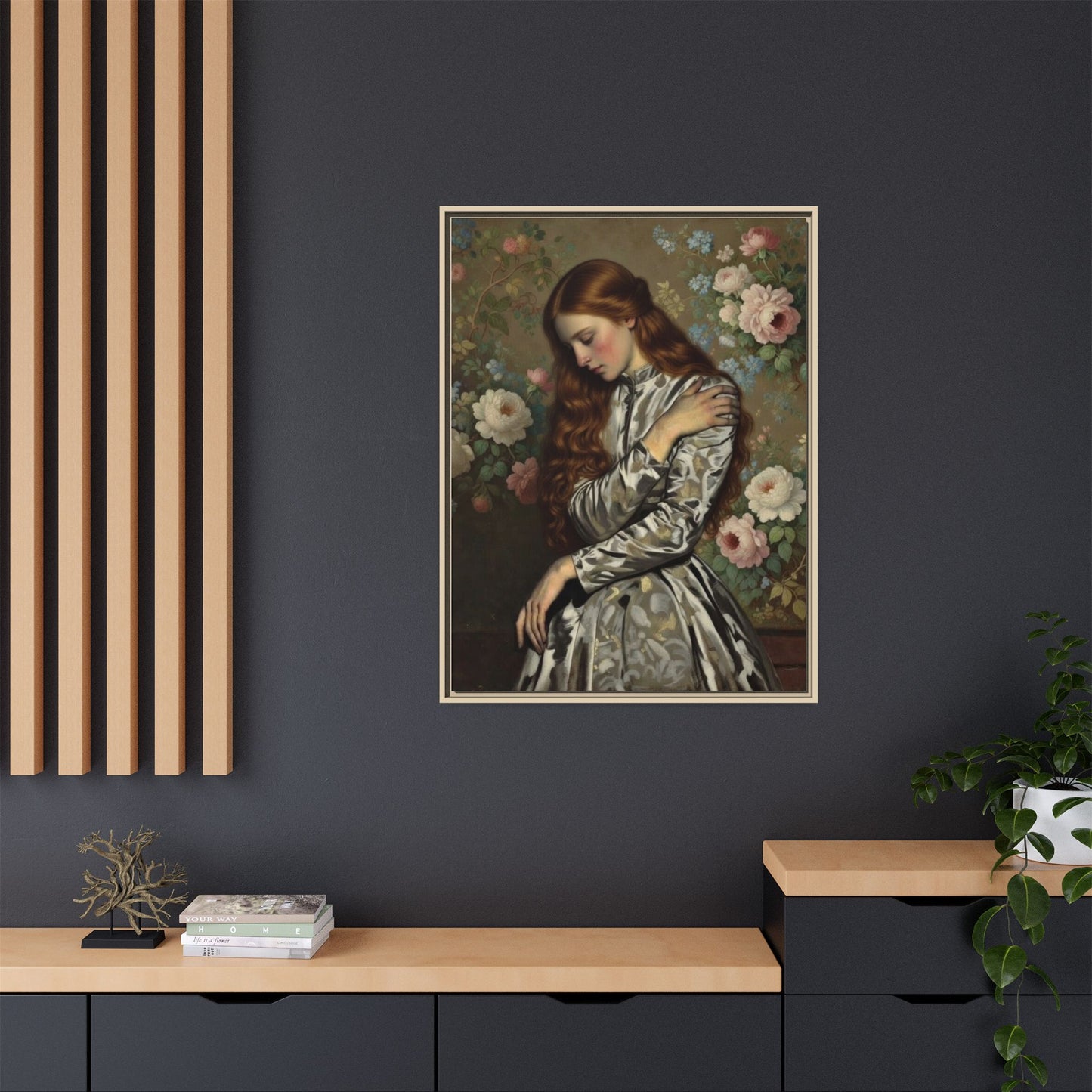 Framed Matte Canvas Art — Vintage Floral Portrait of a Young Woman