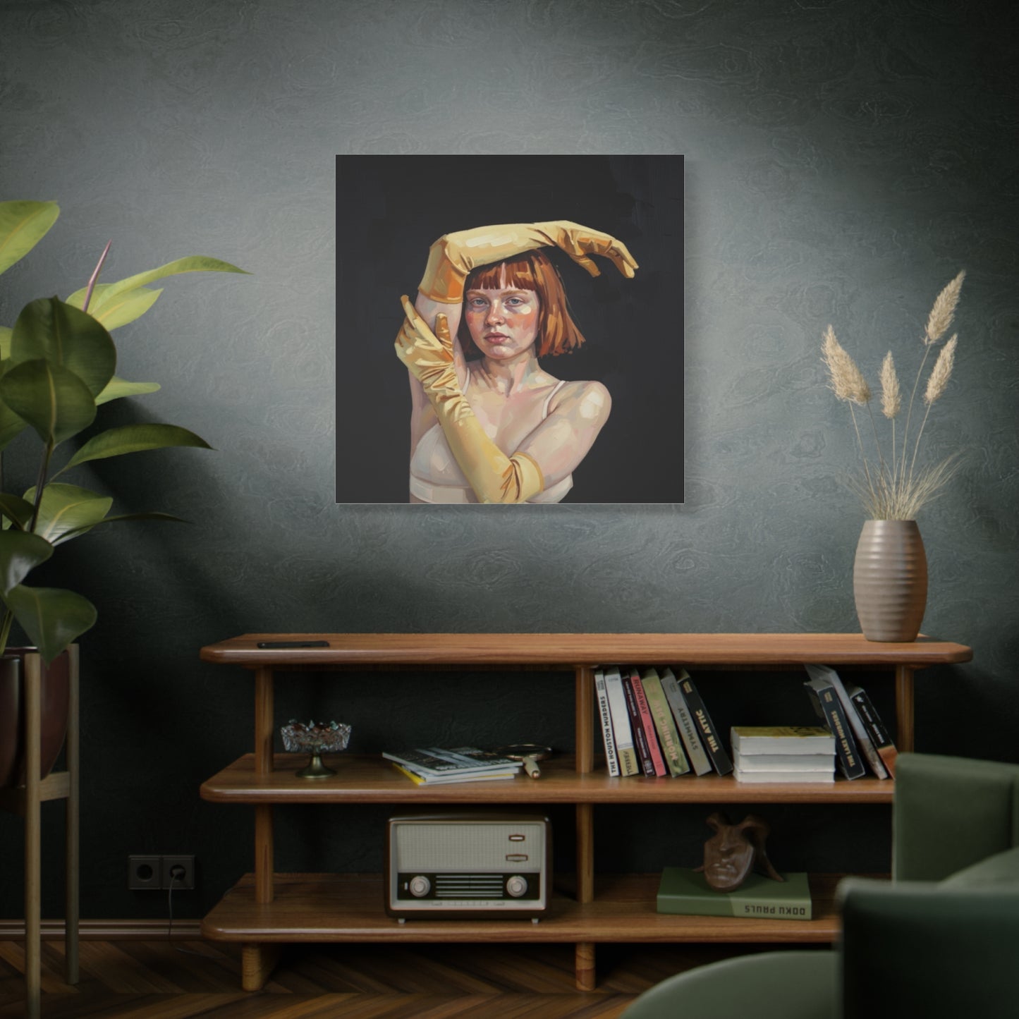 Contemporary Portrait Canvas — Redhead in Yellow Gloves Matte Stretched Art