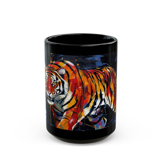 Tiger Art Black Mug — Colorful Abstract Tiger Coffee Cup (11oz & 15oz)
