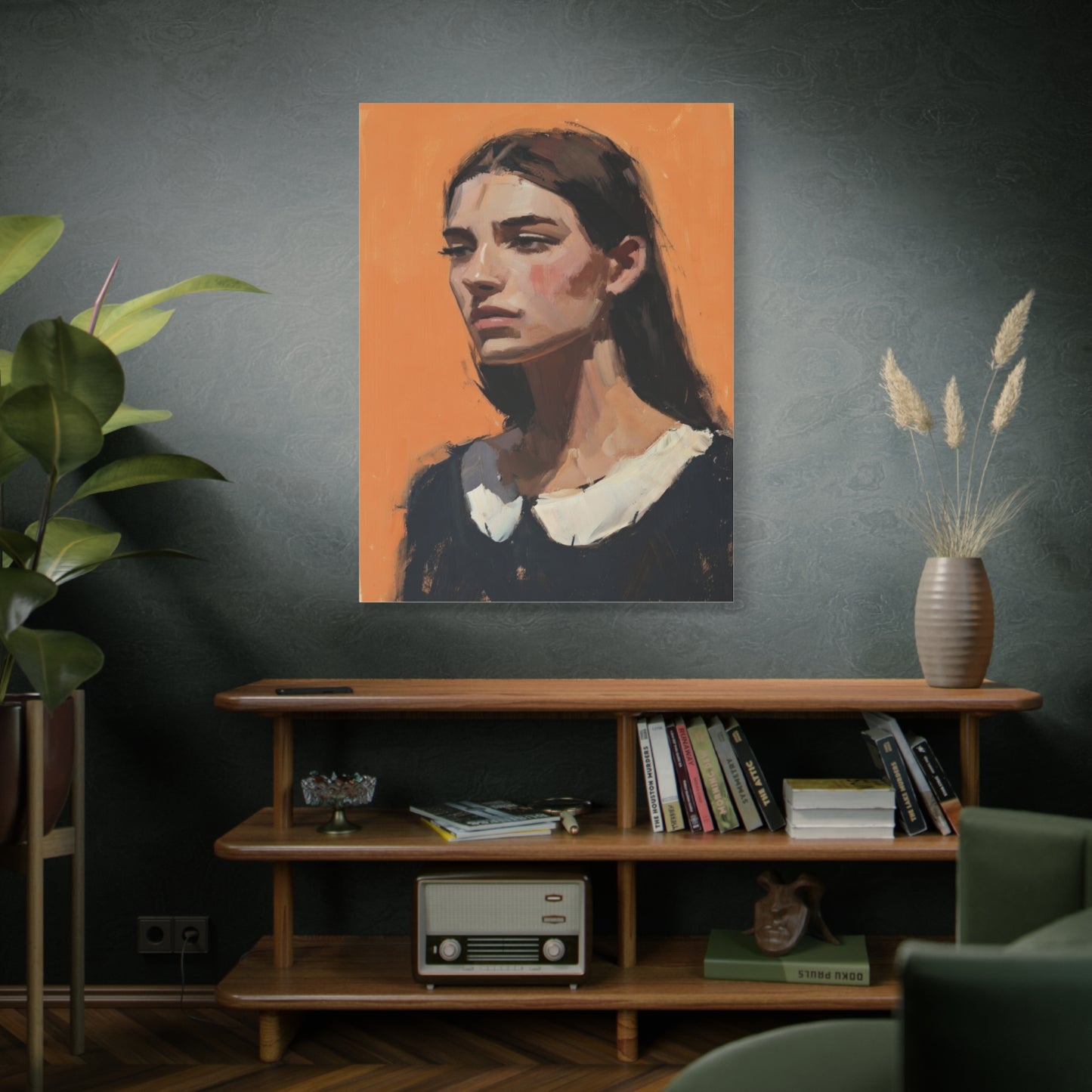 Portrait Canvas Print — Moody Female Figure in Warm Orange