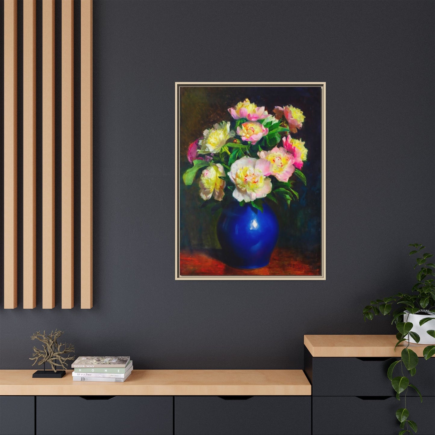 Framed Matte Canvas Wall Art — Vintage Floral Bouquet in Blue Vase