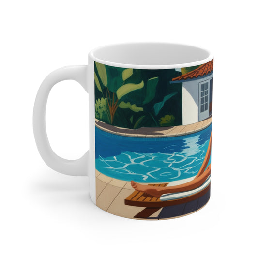 Poolside Retro Art Mug — Vintage Woman Lounging by the Pool