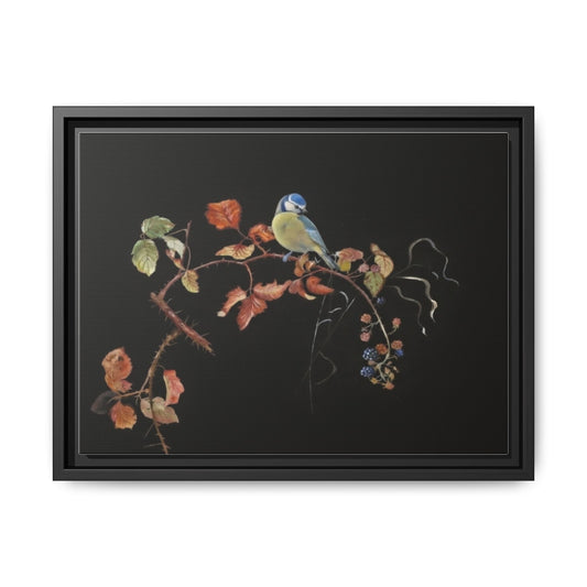 Framed Matte Canvas - Blue Tit on Autumn Branch Wall Art