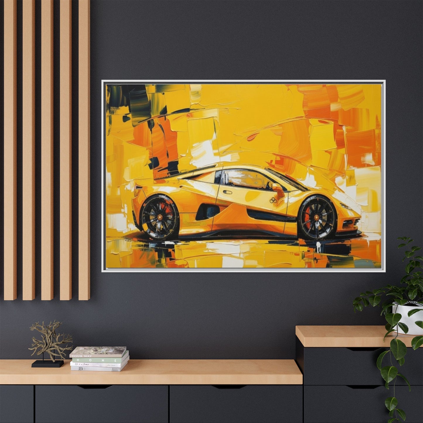 Yellow Sports Car Abstract Matte Canvas Framed Print