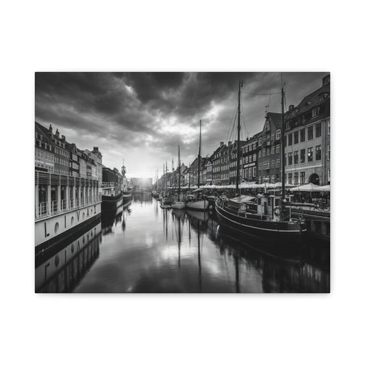 Black & White Harbor Canvas Print — Dramatic Copenhagen Cityscape Wall Art