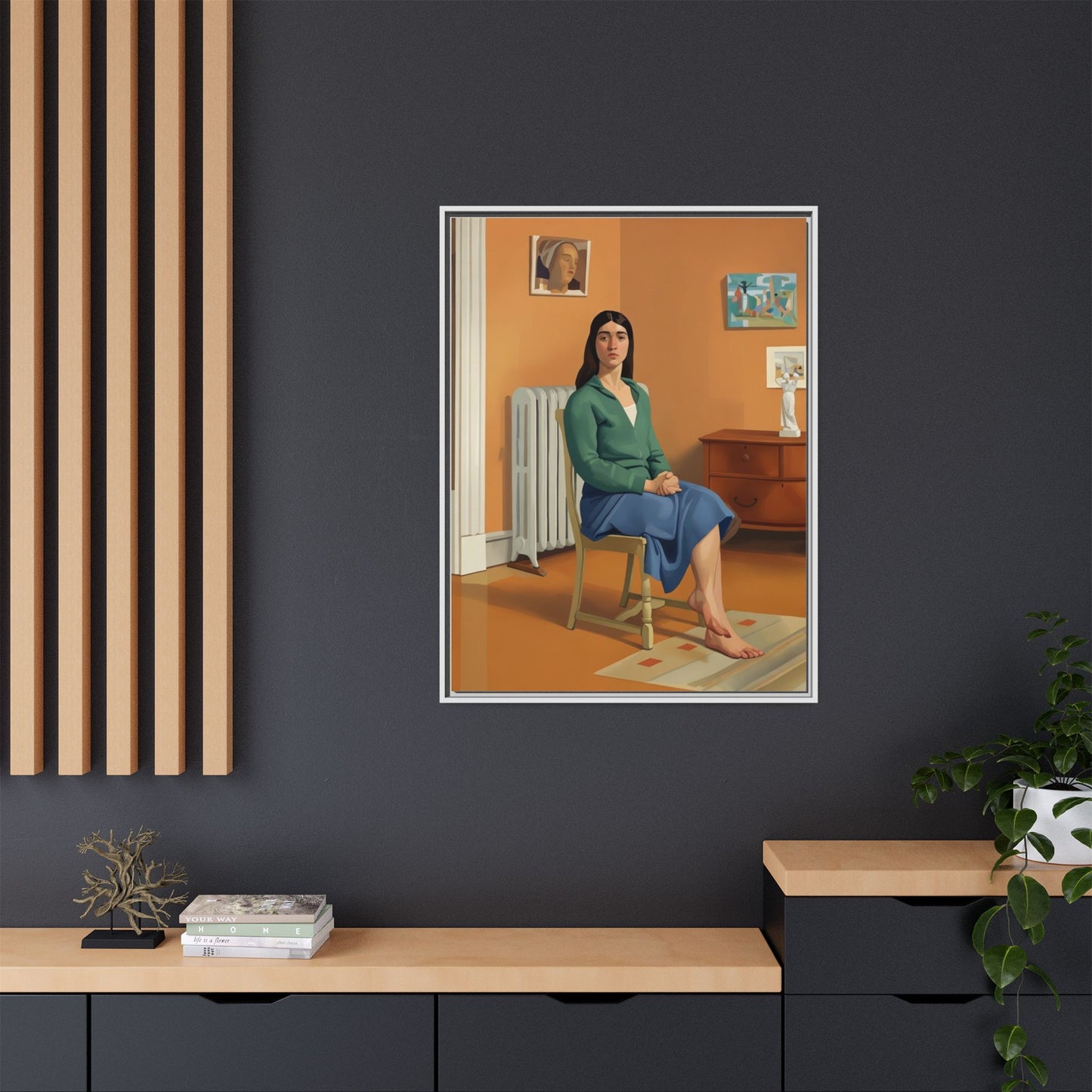 Framed Matte Canvas Print — Woman Seated in Warm Interior (Midcentury Portrait)