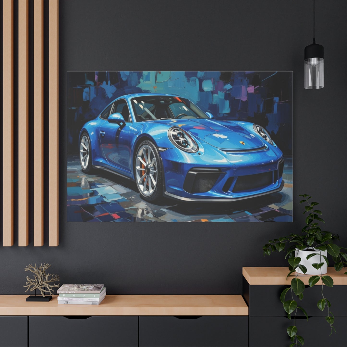 Blue Sports Car Canvas Wall Art — Modern Automotive Painting on Stretched Matte Canvas