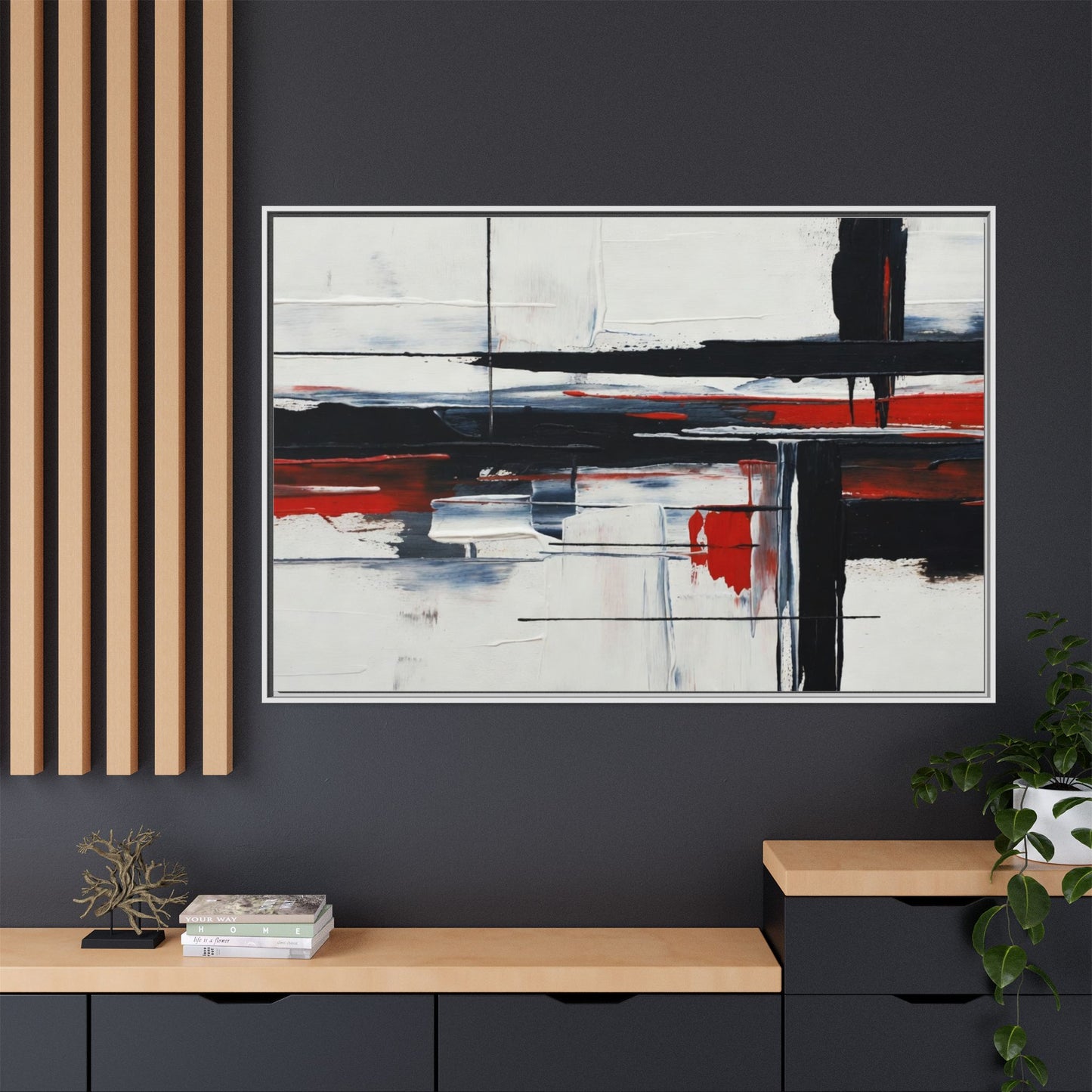 Abstract Red & Black Framed Canvas Art — Modern Matte Wall Painting