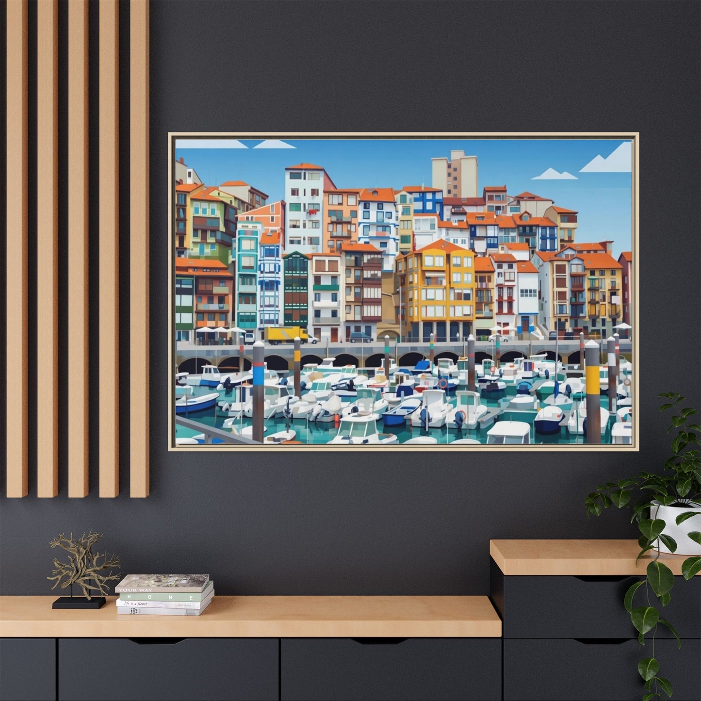 Framed Matte Canvas Print — Colorful Mediterranean Harbor Illustration