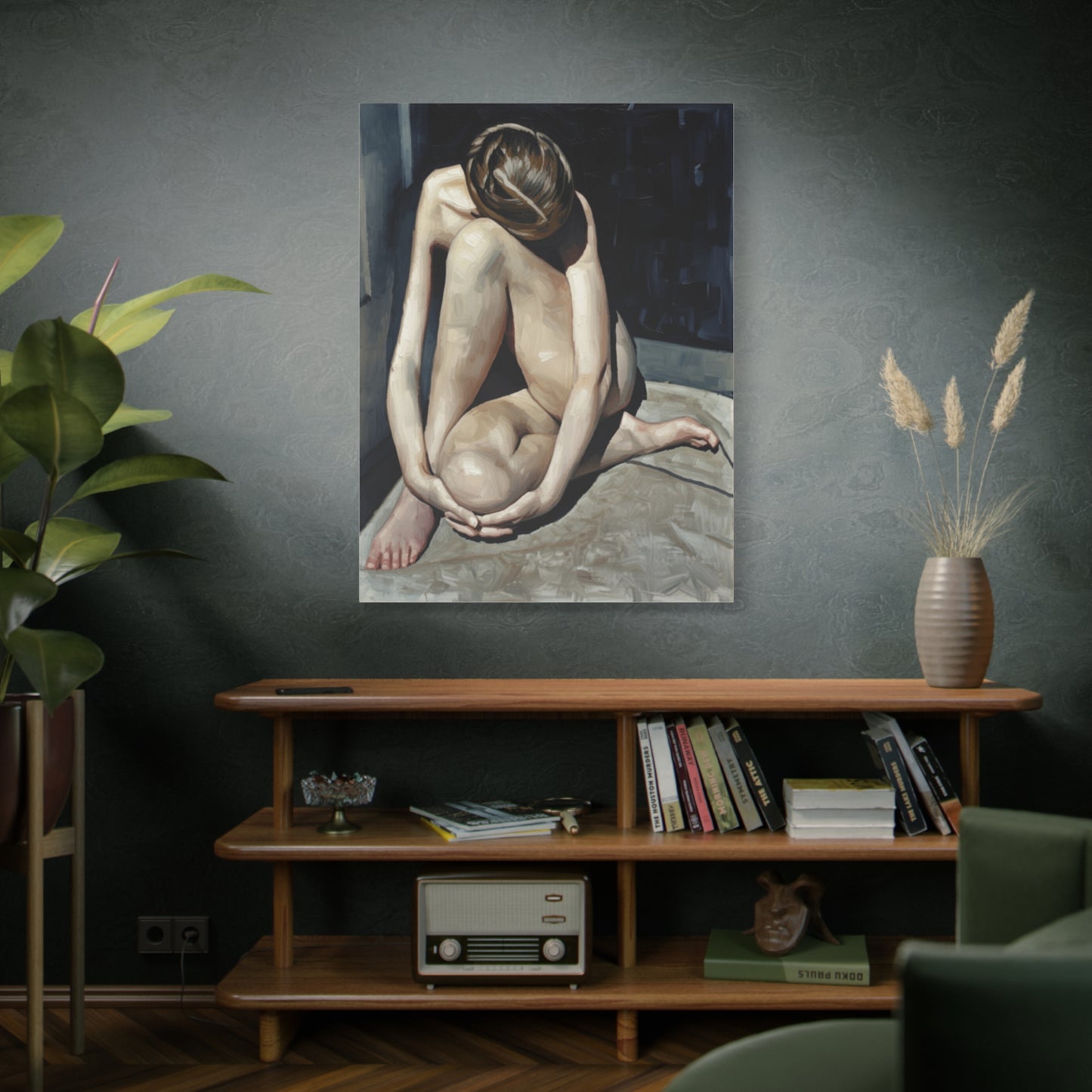 Figurative Nude Art Canvas Print — Contemplative Female Figure Matte Stretched