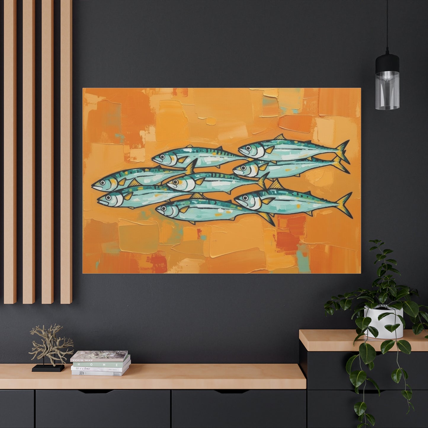 School of Mackerel Canvas Wall Art — Nautical Fish Painting on Orange Background