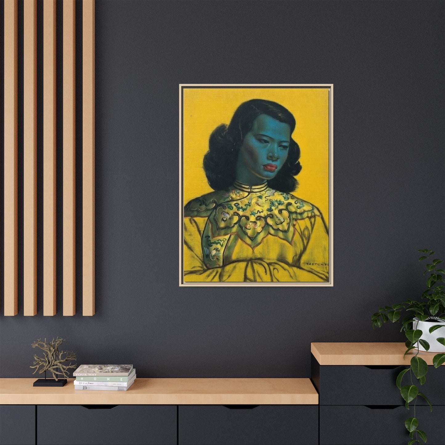 Framed Matte Canvas Art Print — Vintage Portrait with Yellow Background