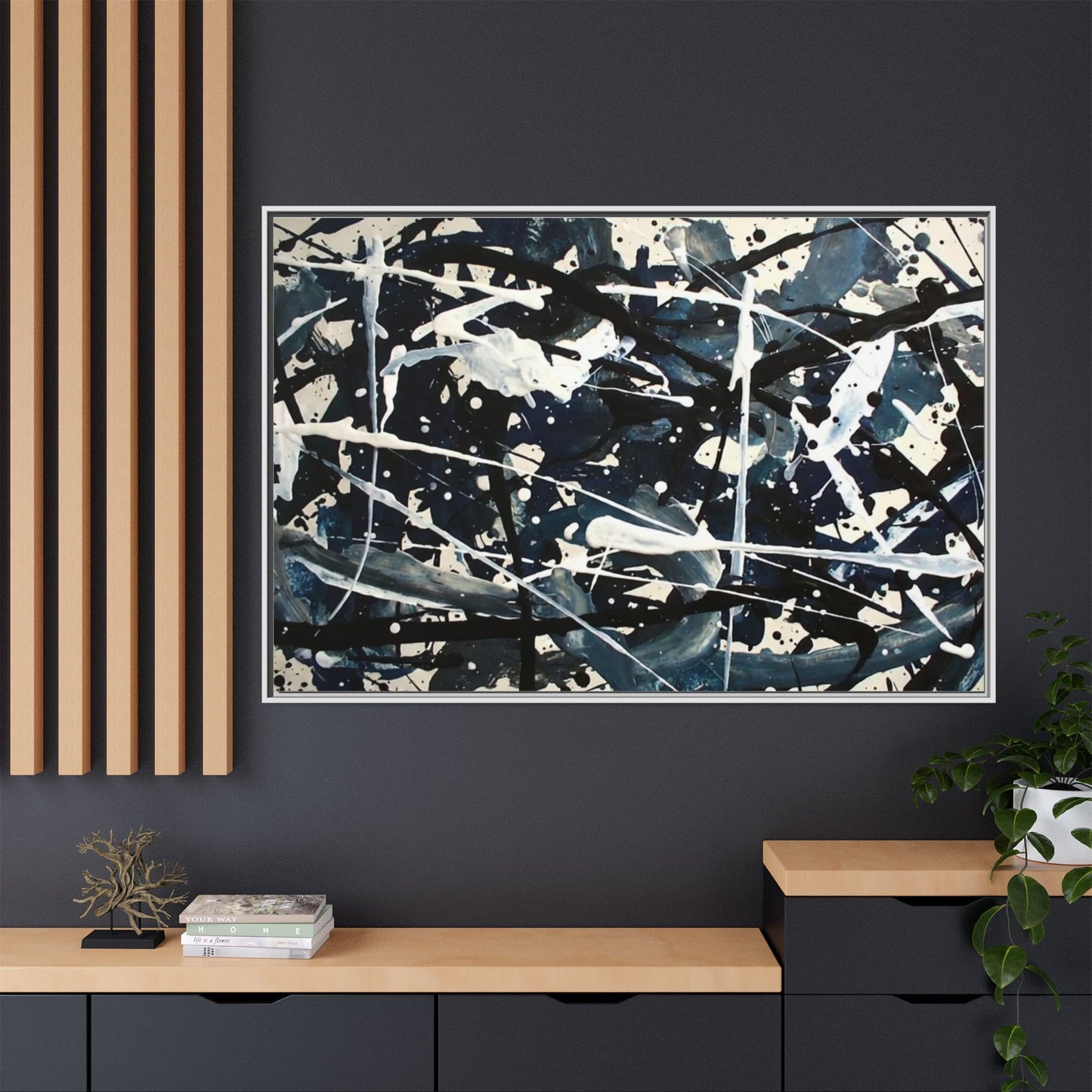 Abstract Splatter Matte Canvas Framed Wall Art — Black & Blue Modern Art Print