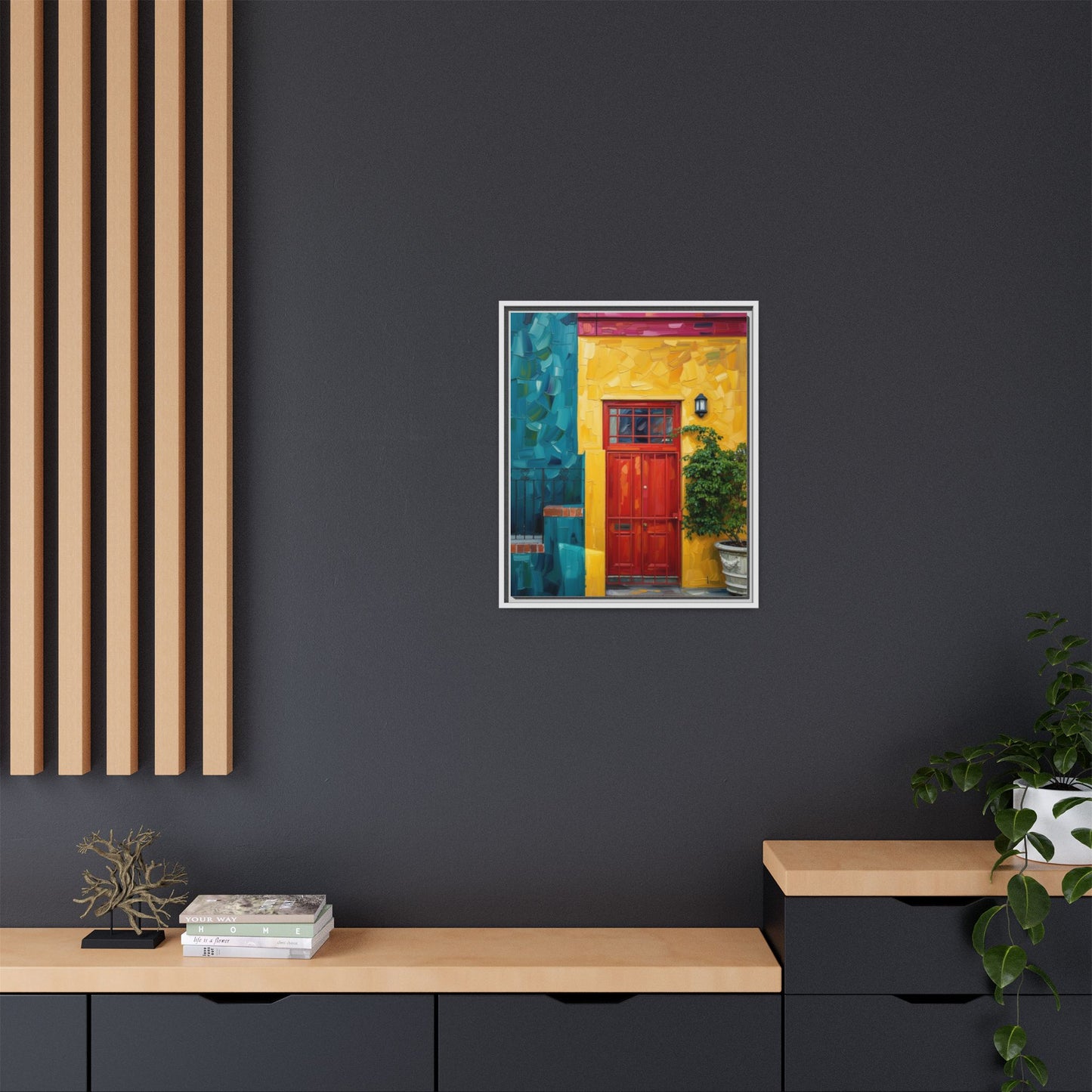 Framed Matte Canvas Wall Art — Colorful Red Door on Yellow Facade