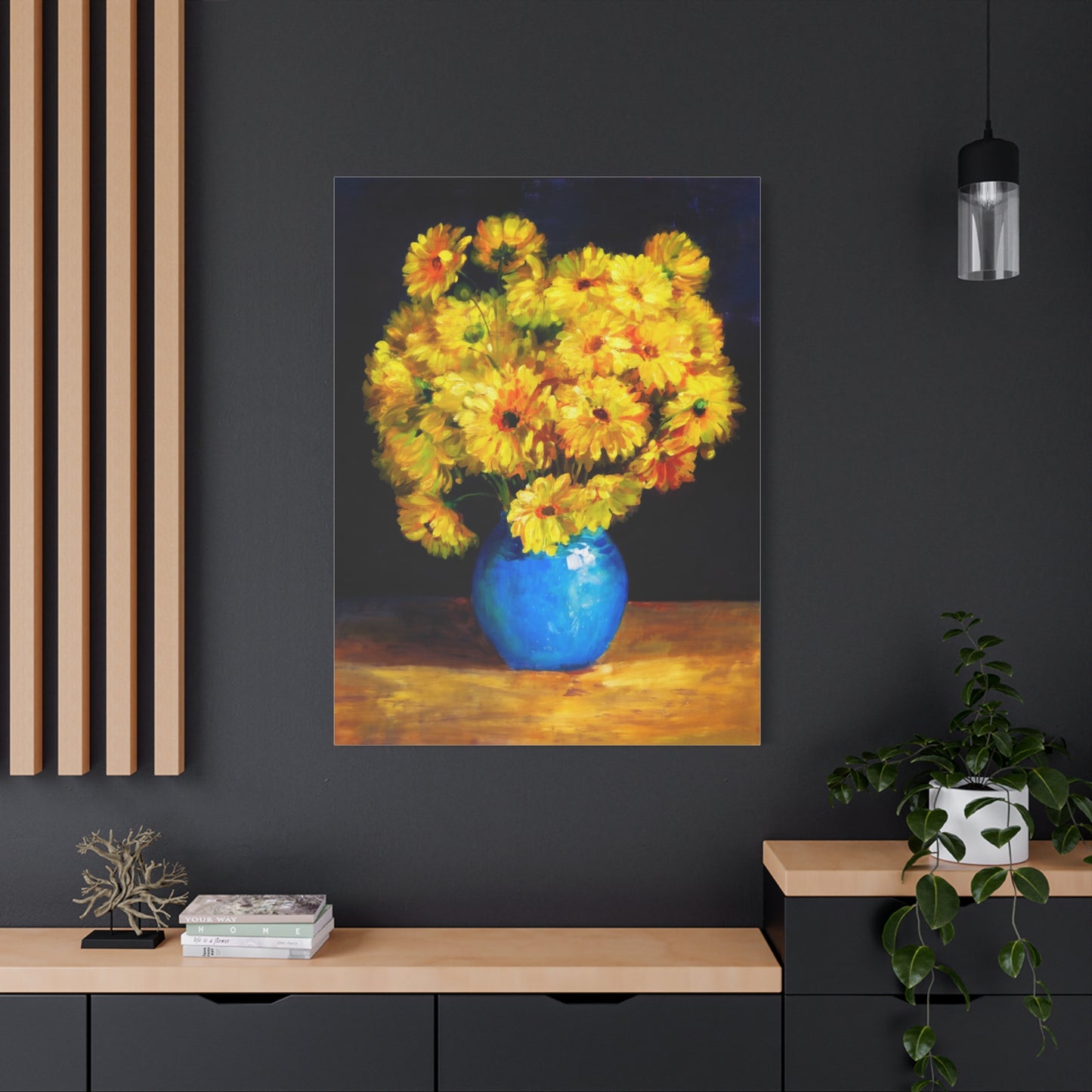 Yellow Chrysanthemum Canvas Wall Art — Blue Vase Floral Painting (Stretched Matte)