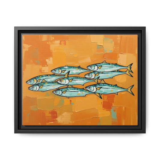 Framed Matte Canvas Print — School of Blue Fish on Orange Abstract Background