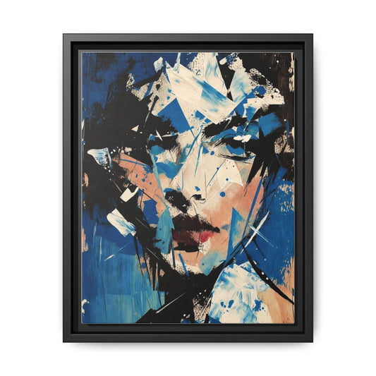 Abstract Portrait Matte Canvas Framed Wall Art — Blue Mixed-Media Face Print