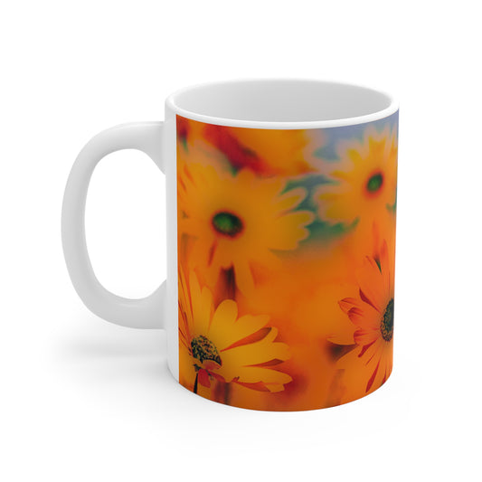 Sunshine Daisies Ceramic Mug — Vibrant Orange Floral Coffee Cup