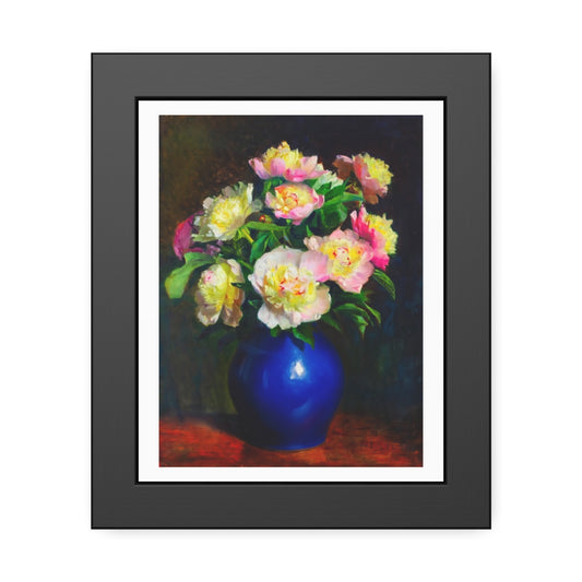 Framed Floral Poster — Pink Peonies in Blue Vase Wall Art