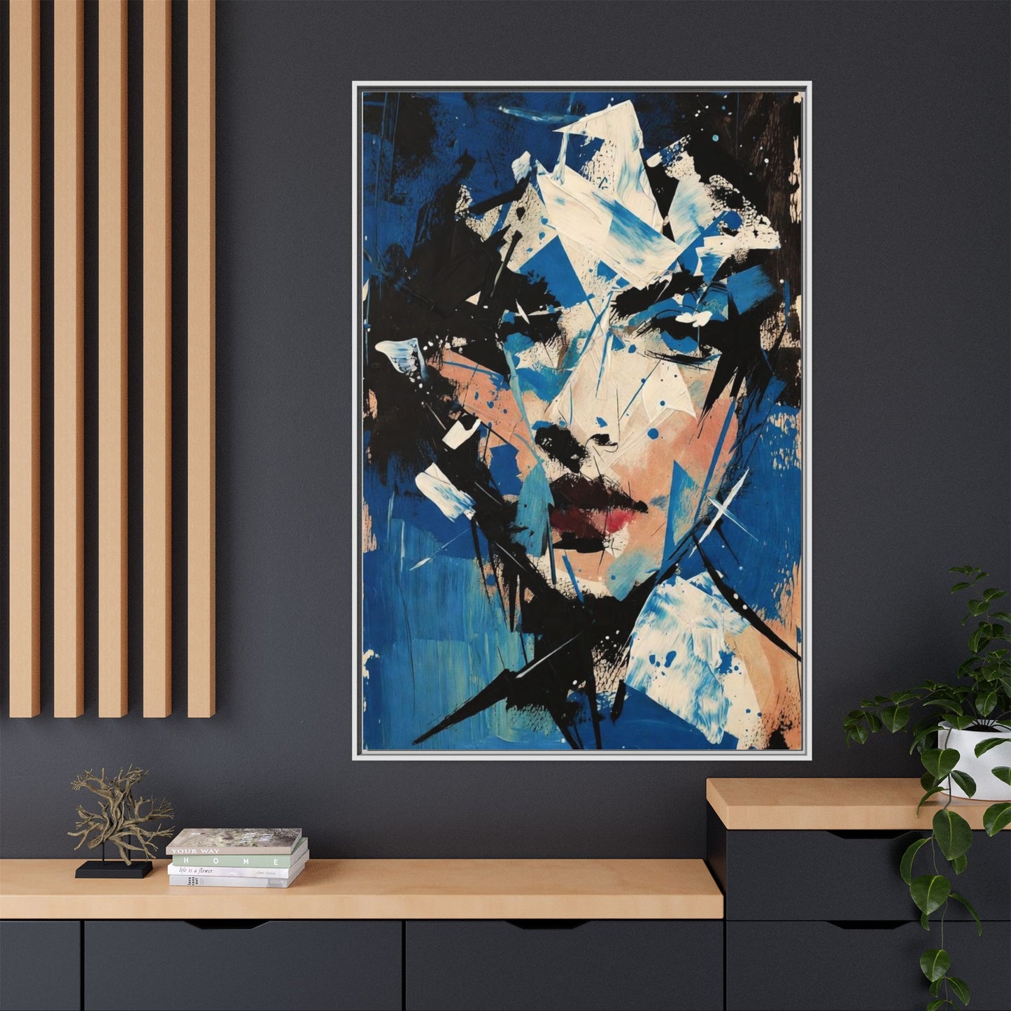 Abstract Portrait Matte Canvas Framed Wall Art — Blue Mixed-Media Face Print