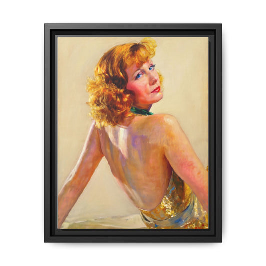 Framed Matte Canvas Print — Vintage Portrait of Redhead Greta Garbo in Gold Dress