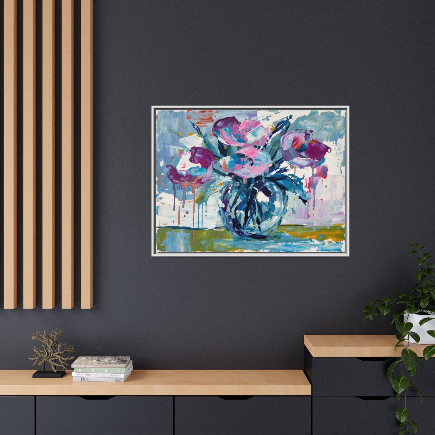 Framed Floral Canvas Art — Abstract Pink & Blue Bouquet