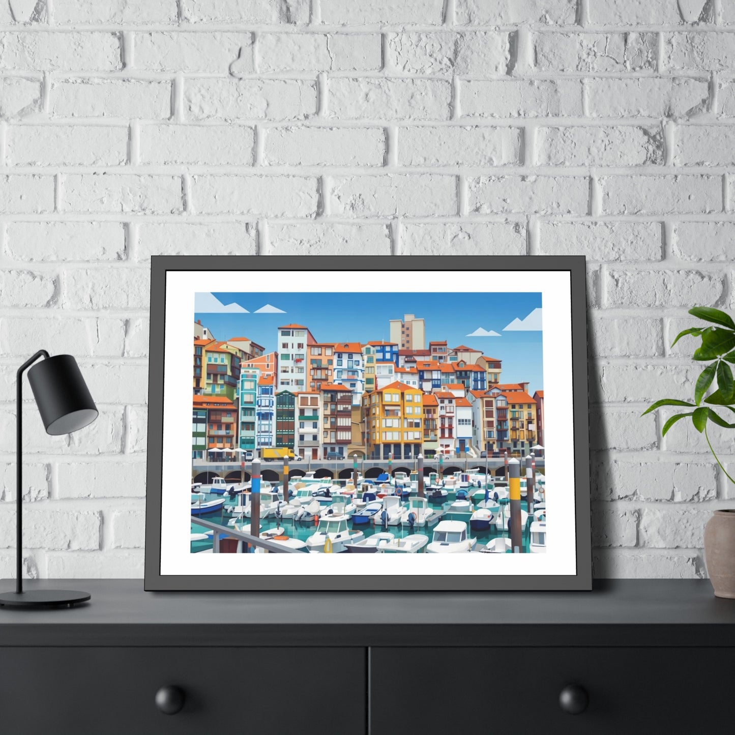 Harbor Marina Framed Poster — Colorful Coastal Cityscape Wall Art