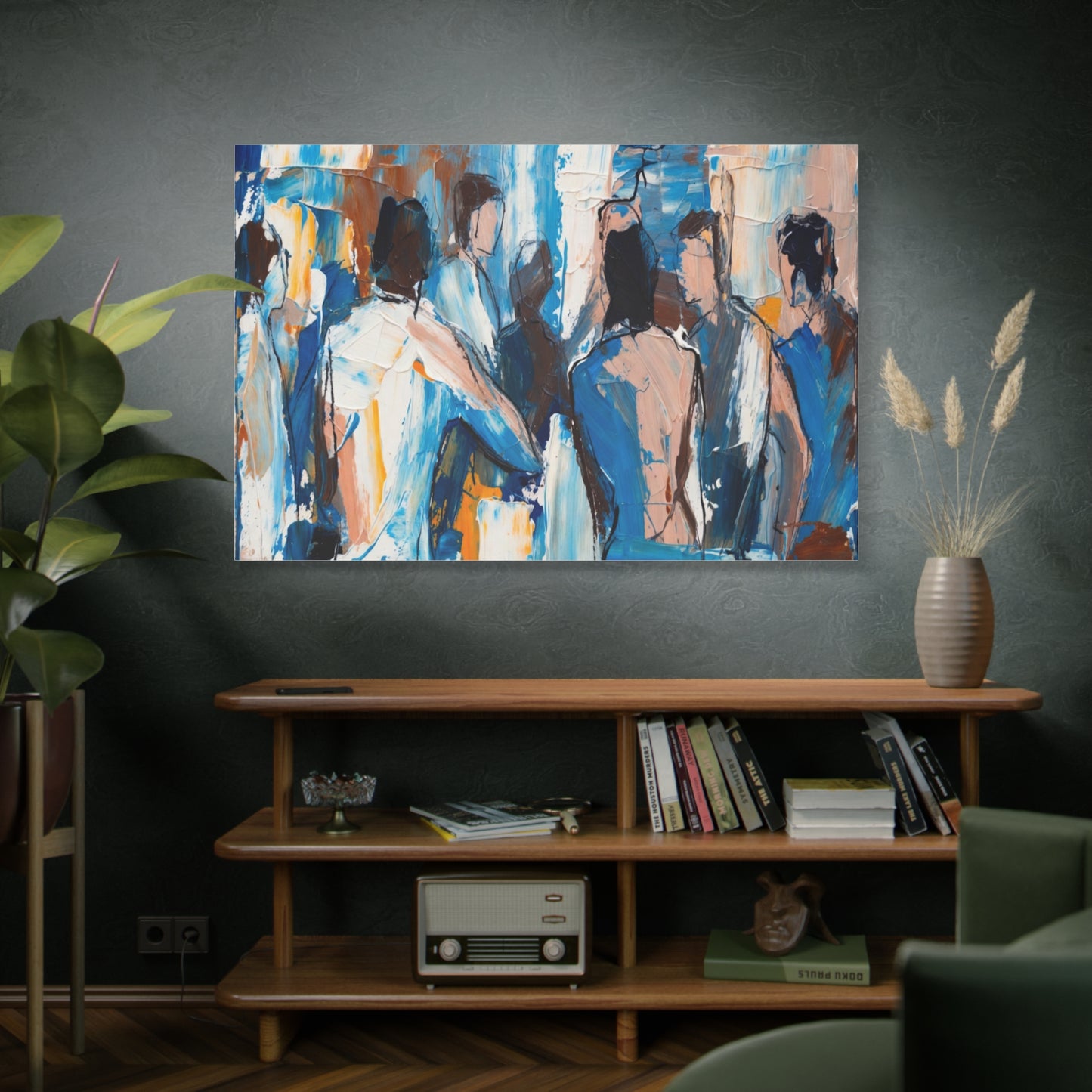 Abstract Figurative Canvas Art — Blue Social Scene Matte Stretched Canvas