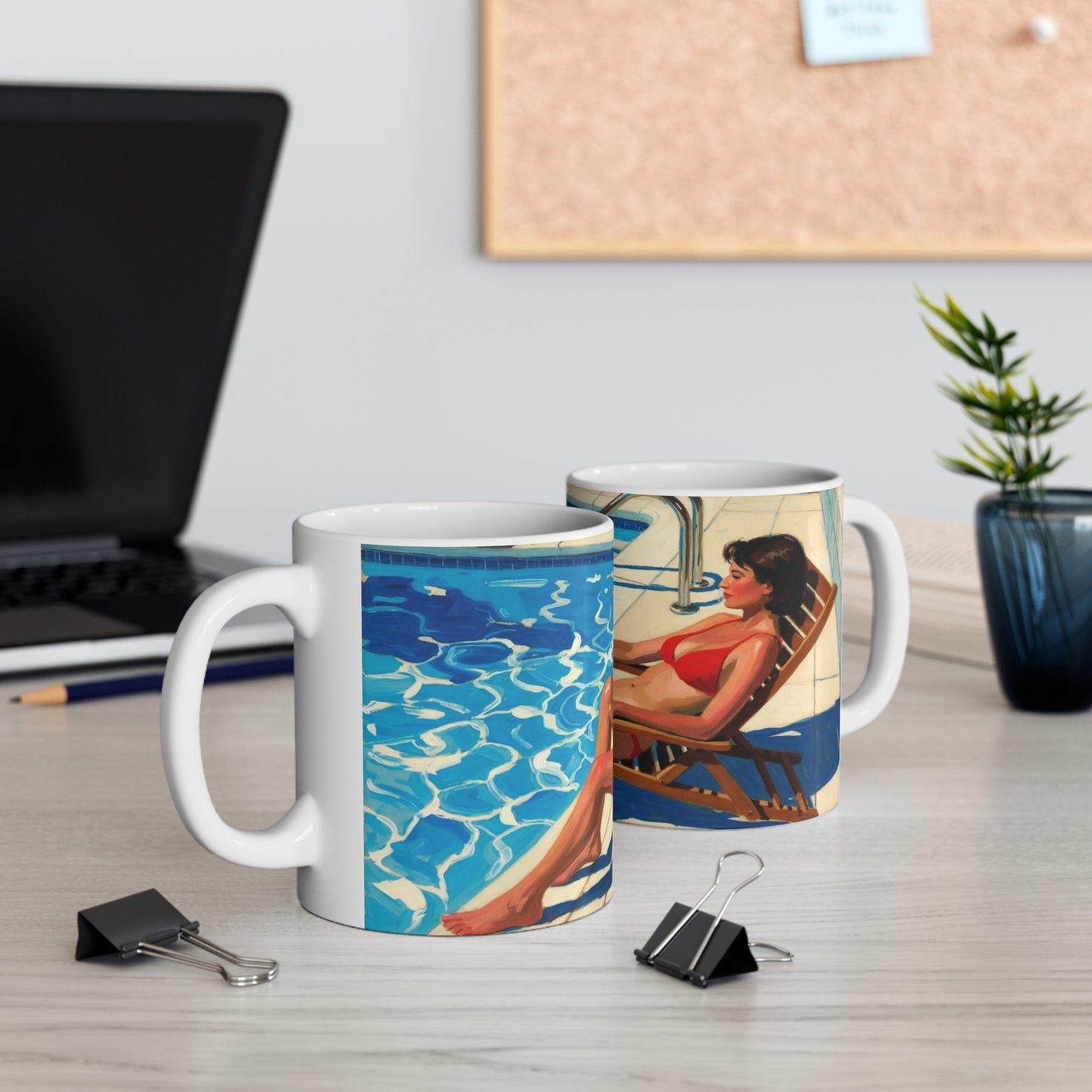 Poolside Vintage Art Coffee Mug — Retro Woman Lounging in Red Swimsuit