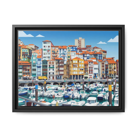Framed Matte Canvas Print — Colorful Mediterranean Harbor Illustration