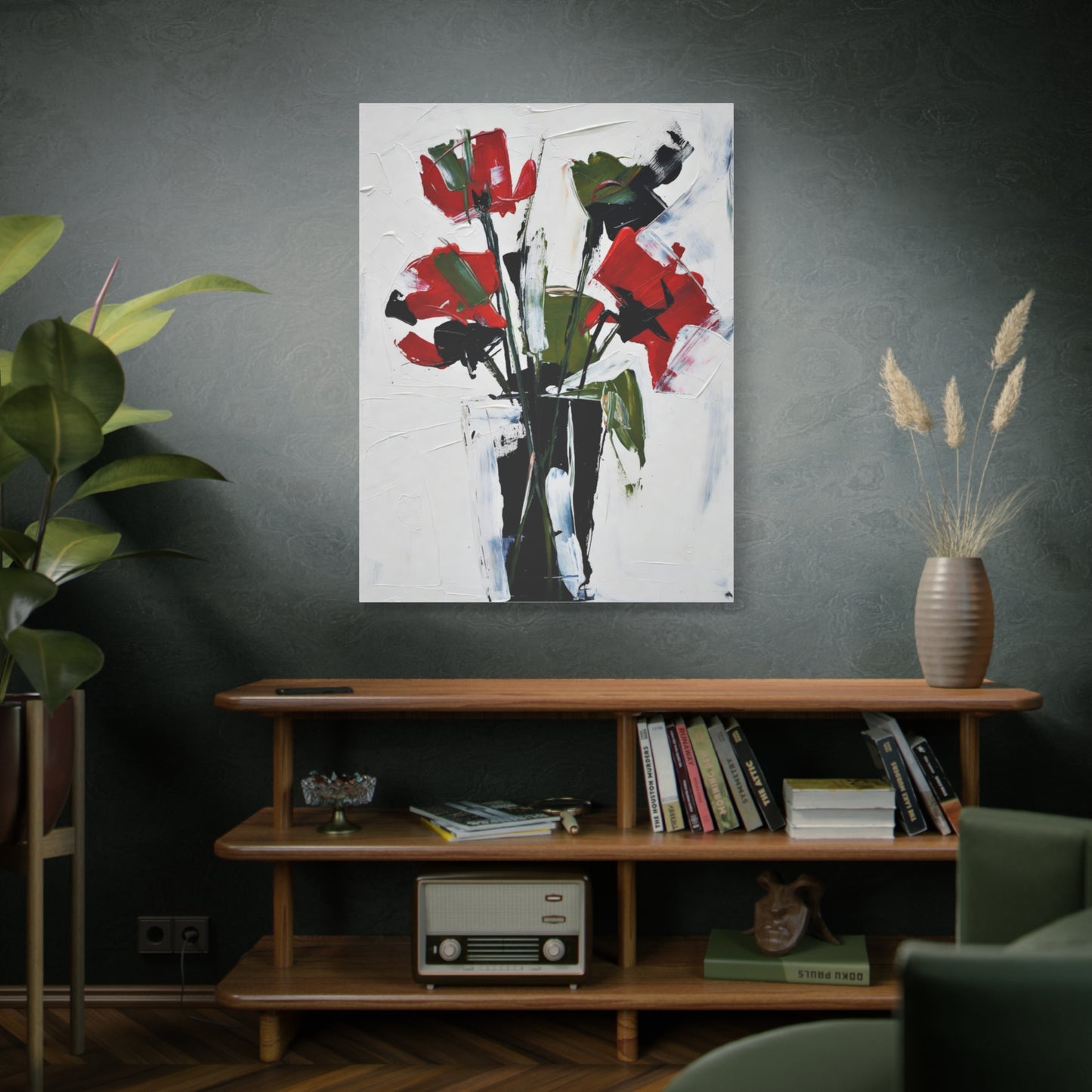 Red Floral Abstract Canvas Print — Modern Painterly Flowers on Matte Stretched Canvas