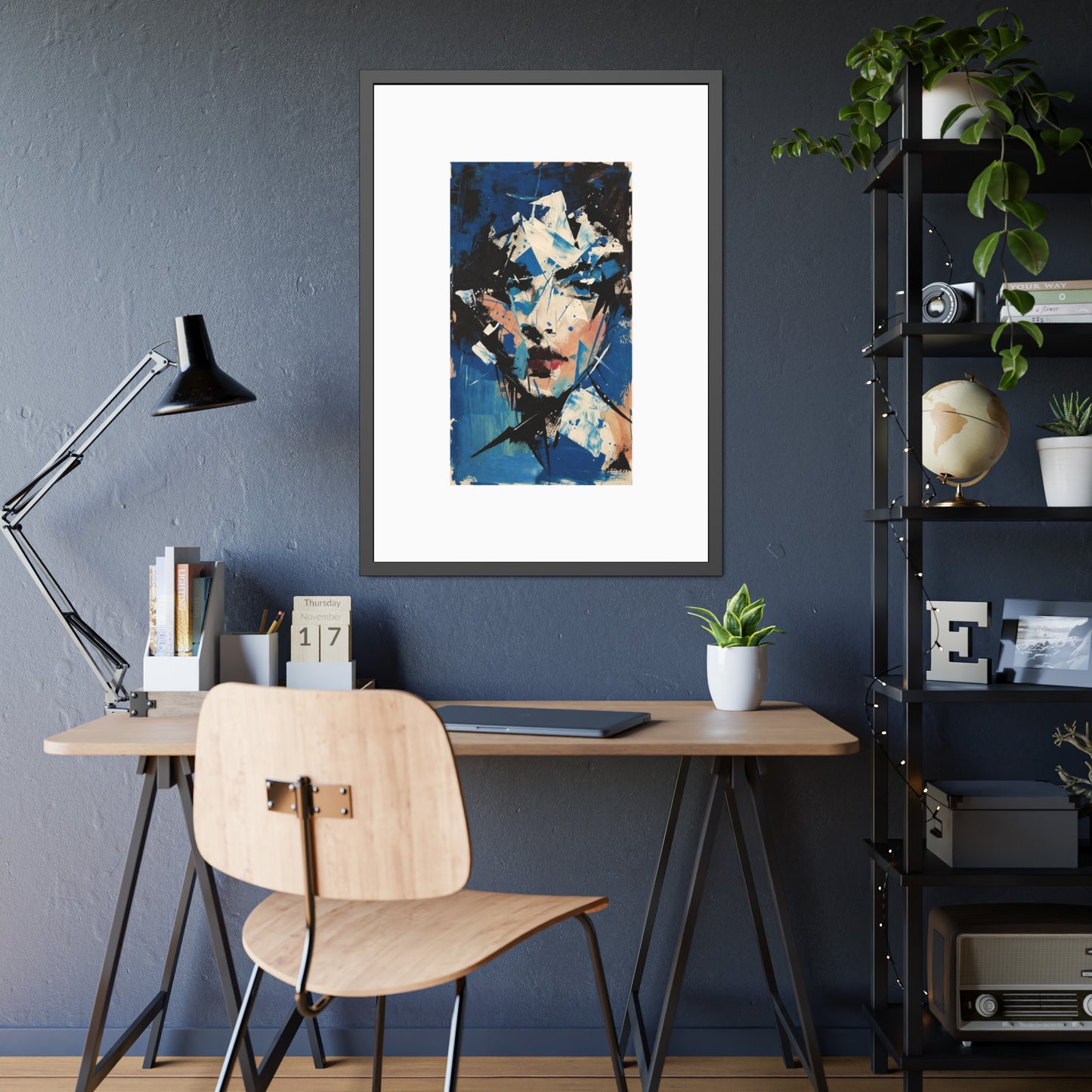 Abstract Blue Portrait Framed Paper Poster — Modern Expressionist Wall Art