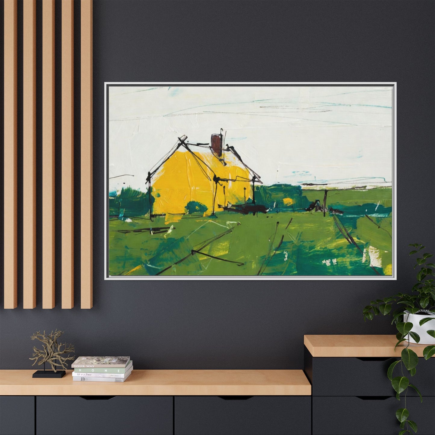 Yellow Cottage Landscape Framed Canvas Print