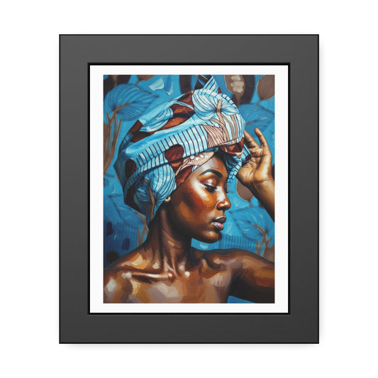 Framed Art Print — Portrait of Woman with Blue Headwrap (Gallery Wall Decor)